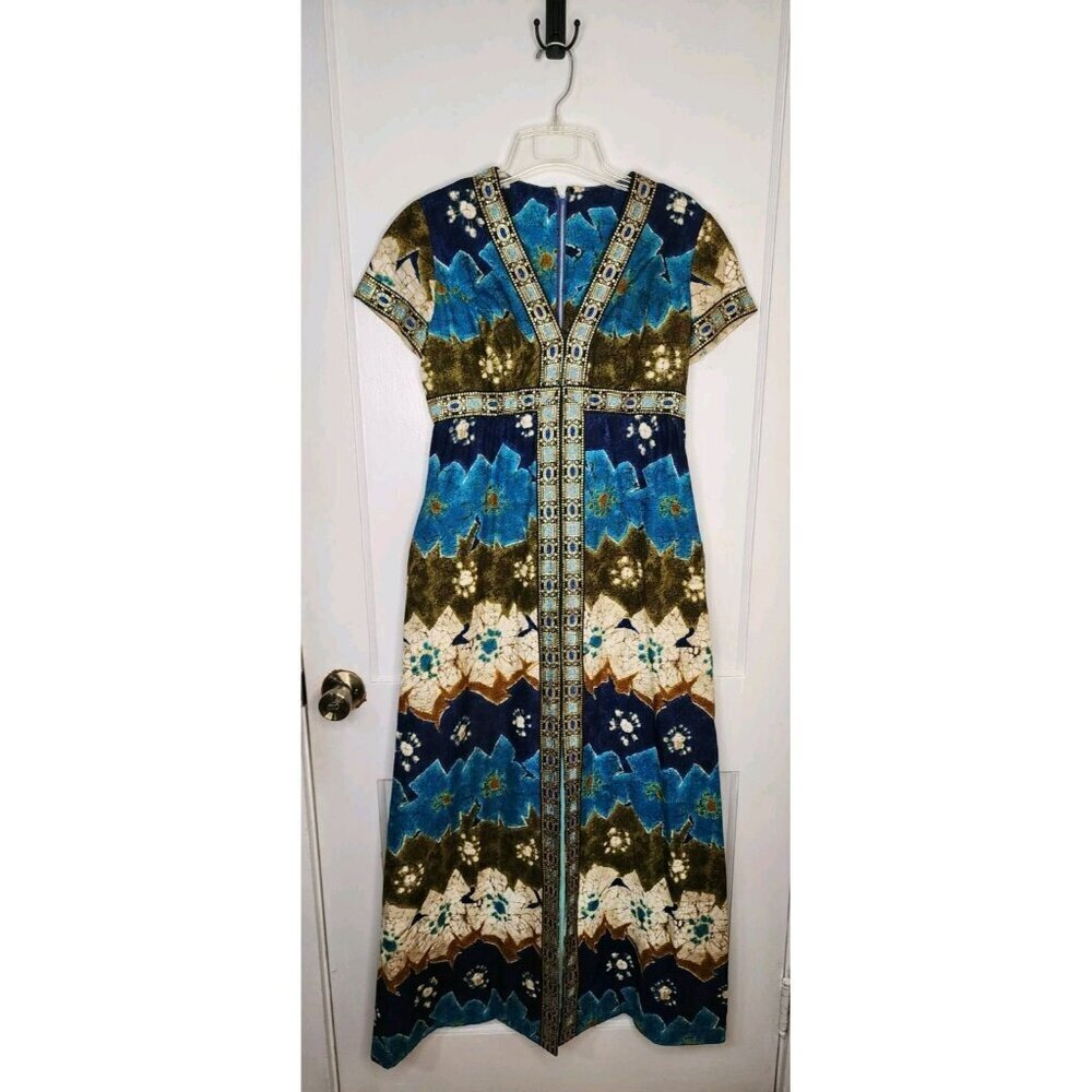 Vintage Miss Magnin Hawaiian Batik 60s MCM Gown Maxi Barkcloth Size Small